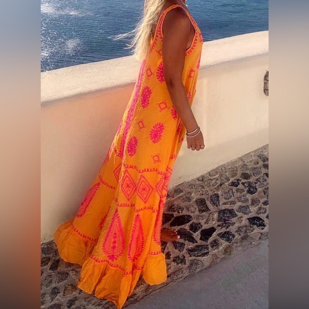 Prunella UK Size S/M Maxi Dress in vivid orange with pink embroidery